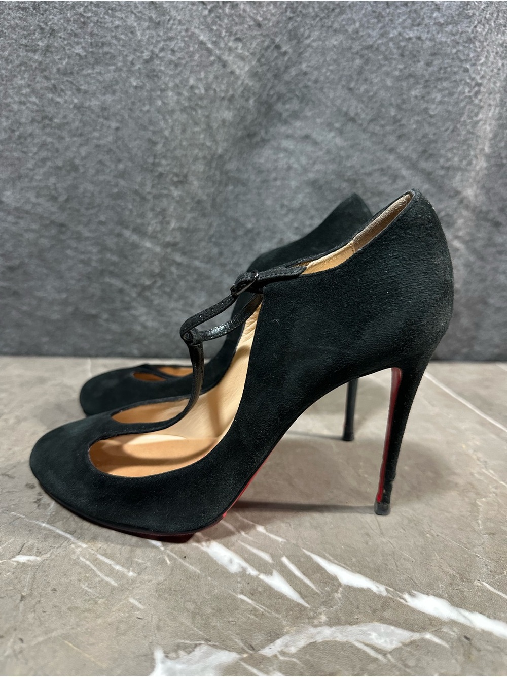 Christian Louboutin Black Suede T-strap Pumps Size 37